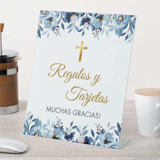 Cute Blue Flowers in Spanish First Communion  Pedestal Sign (In SItu)