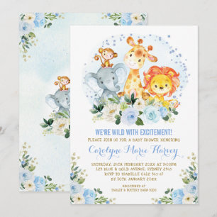 Cute Blue Flowers Jungle Safari Boy Baby Shower Invitation