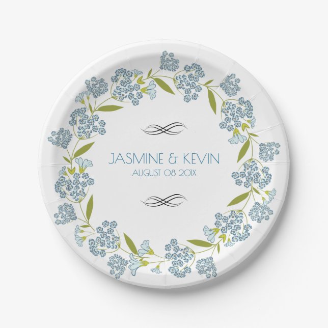 Cute Blue Flowers Wedding Wreath Paper Plate (Front)