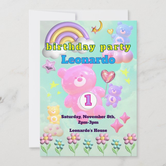Cute Blue Fluffy Bear Boy's Birthday Party Invitation (Front)