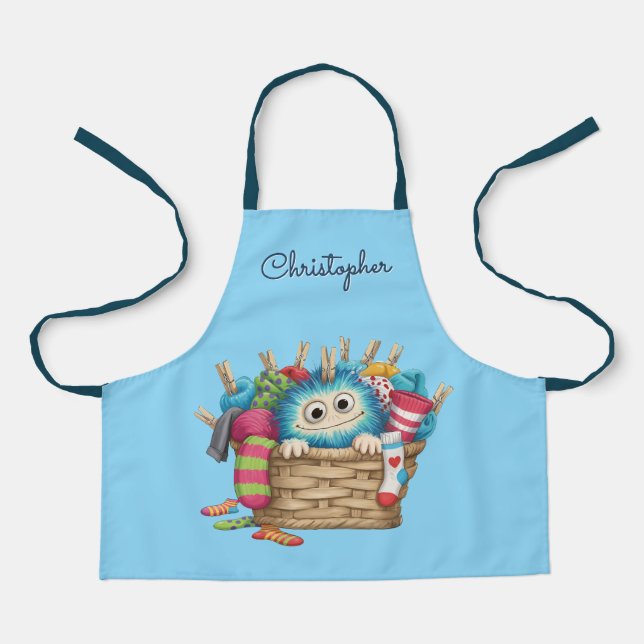 Cute Blue Fluffy Sock Monster Kids Design Apron (Front)