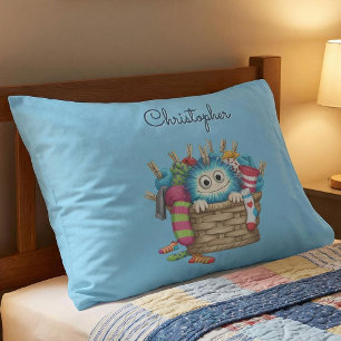 Cute Blue Fluffy Sock Monster Kids Design Pillowcase