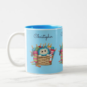 Cute Blue Fluffy Sock Monster Kids Design Two-Tone Coffee Mug