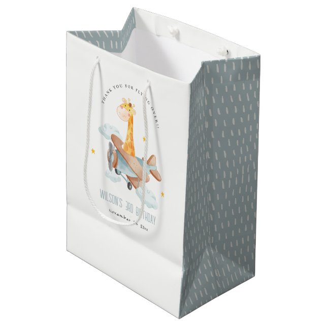 Cute Blue Fly Over Giraffe Animal Plane Birthday Medium Gift Bag (Front Angled)
