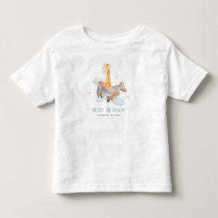 Cute Blue Fly Over Giraffe Animal Plane Birthday Toddler T-Shirt