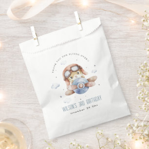 Cute Blue Fly Over Teddy Animal Plane Birthday Favour Bags