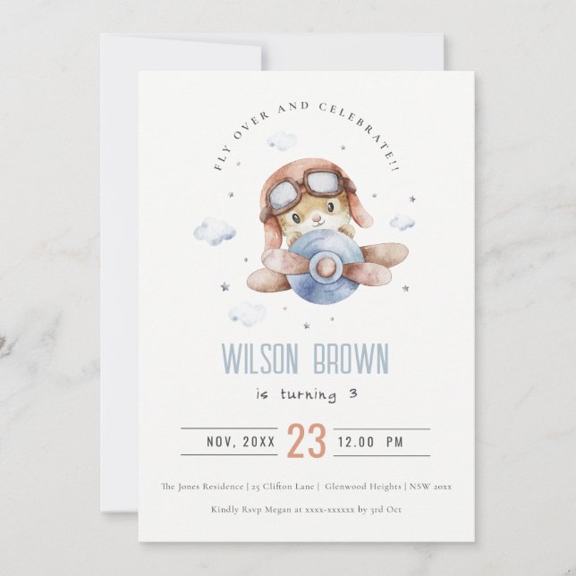 Cute Blue Fly Over Teddy Animal Plane Birthday Invitation (Front)