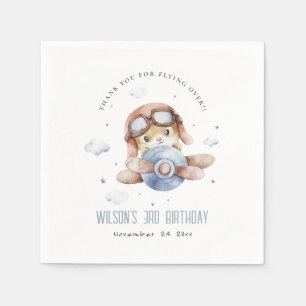 Cute Blue Fly Over Teddy Animal Plane Birthday Napkin