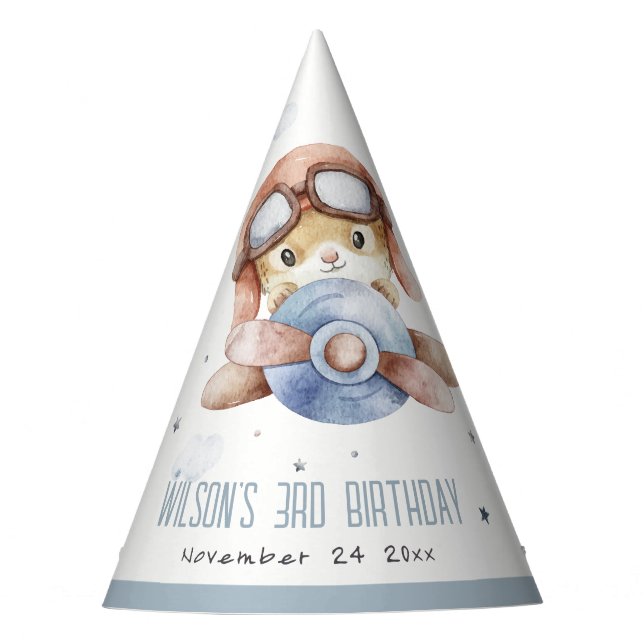 Cute Blue Fly Over Teddy Animal Plane Birthday Party Hat (Front)