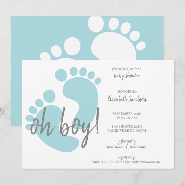 Cute Blue Footprints Baby Shower Invitation (Front/Back)