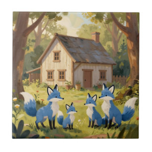 Cute Blue Fox Family Cottage Tile