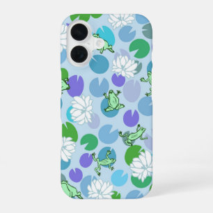 Cute blue frog art with waterlilies girly iPhone 16 case