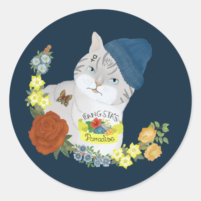 Cute Blue Gangster Kitty Cat Cartoon Illustration Classic Round Sticker (Front)