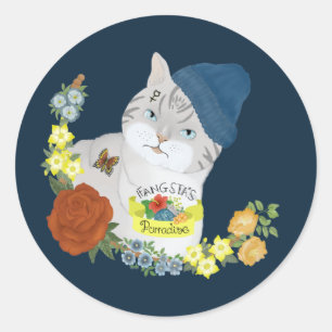 Cute Blue Gangster Kitty Cat Cartoon Illustration Classic Round Sticker