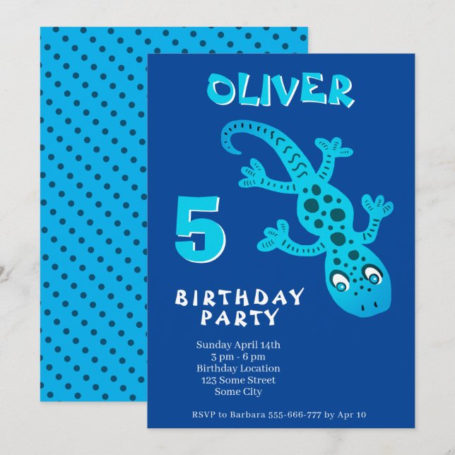 Cute Blue Gecko Lizard Birthday Party  Invitation (Front/Back)