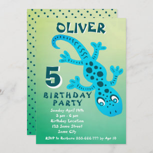 Cute Blue Gecko Lizard Boy Birthday Party Invitation