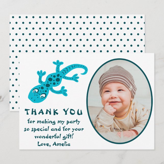 Cute Blue Gecko Lizard Kid Photo Birthday  Thank You Card (Front/Back)