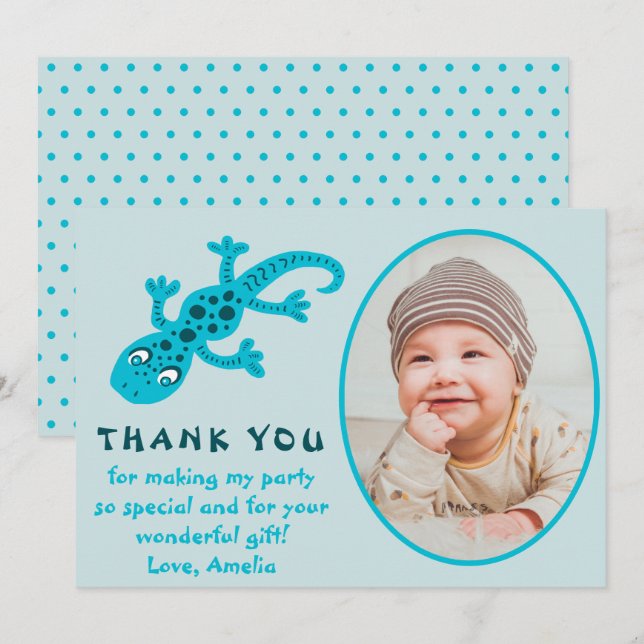 Cute Blue Gecko Lizard Kid Photo Birthday  Thank You Card (Front/Back)
