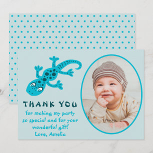 Cute Blue Gecko Lizard Kid Photo Birthday  Thank You Card