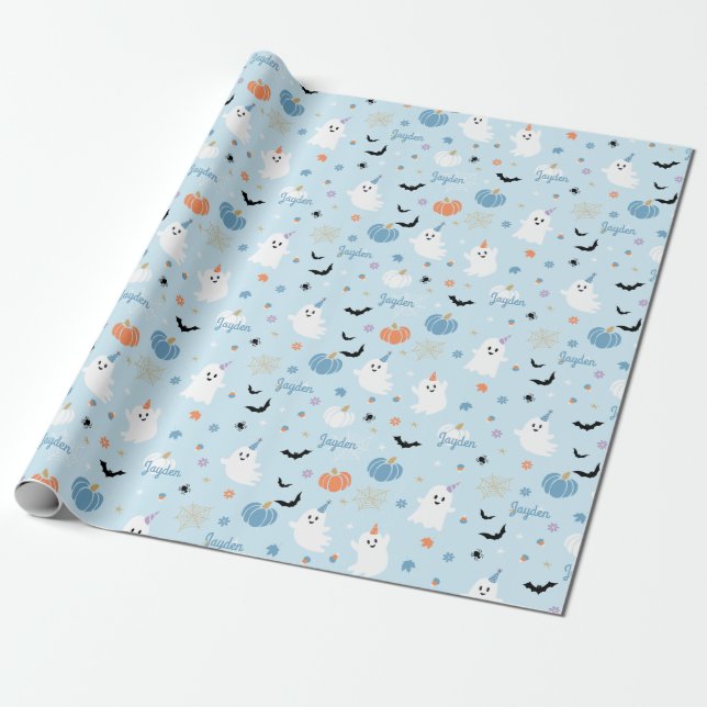 Cute Blue Ghost Halloween With Personalised Name Wrapping Paper (Unrolled)