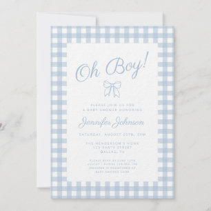 Cute Blue Gingham Bow Boy Baby Shower Invitation