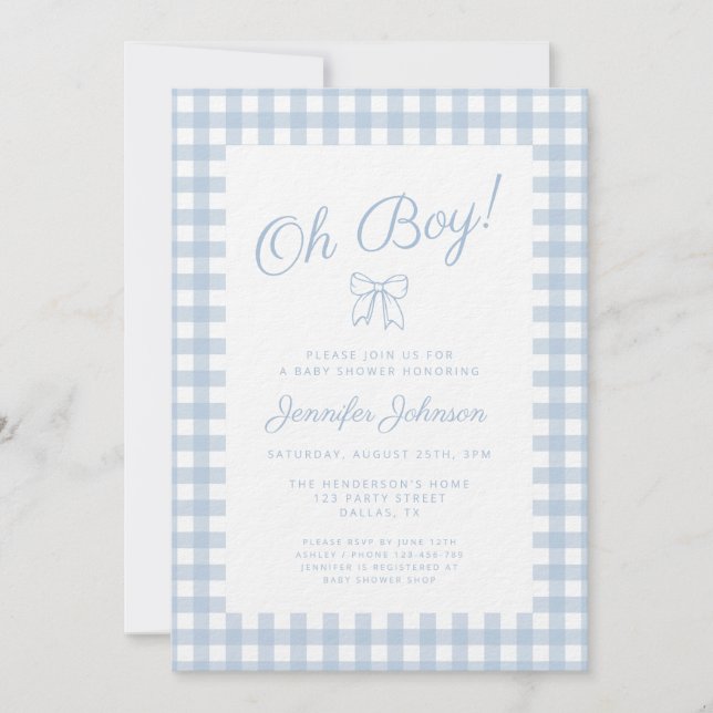 Cute Blue Gingham Bow Boy Baby Shower Invitation (Front)