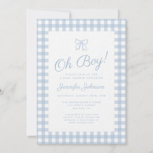 Cute Blue Gingham Bow Boy Baby Shower Invitation