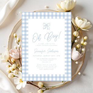 Cute Blue Gingham Bow Boy Baby Shower Invitation
