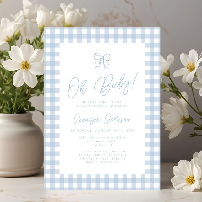 Cute Blue Gingham Bow Boy Oh Baby Shower Invitation (Cute Blue Gingham Bow Boy Oh Baby Shower Invitation)