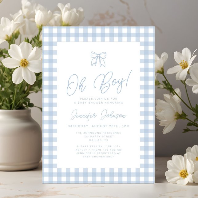 Cute Blue Gingham Bow Oh Boy Baby Shower Invitation (Cute Blue Gingham Bow Boy Baby Shower Invitation)