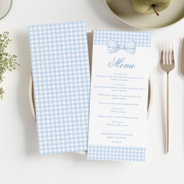 Cute Blue Gingham Bow Tie Baby Boy Shower Menu Invitation (Creator Uploaded)