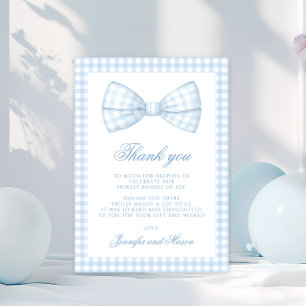 Cute blue gingham bow tie baby boy shower thank you card
