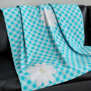 Cute Blue Gingham Check Daisy Fleece Blanket