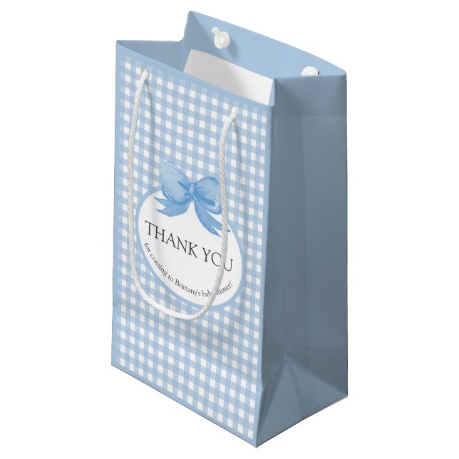 Cute Blue Gingham Picnic Print Thank You Favour Ba Small Gift Bag (Front Angled)
