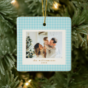 Cute Blue Gingham Plaid Custom Photo Christmas Ceramic Ornament