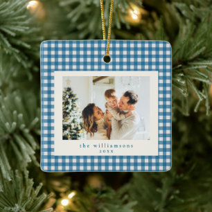 Cute Blue Gingham Plaid Custom Photo Christmas Ceramic Ornament