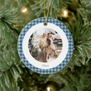 Cute Blue Gingham Plaid Custom Photo Christmas Ceramic Tree Decoration