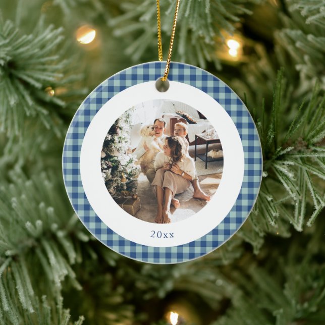 Cute Blue Gingham Plaid Custom Photo Christmas Ceramic Tree Decoration (Tree)
