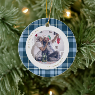 Cute Blue Gingham Plaid Family Photo Christmas Ceramic Tree Decoration
