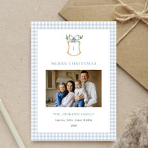 Cute Blue Gingham Plaid Monogrammed Christmas