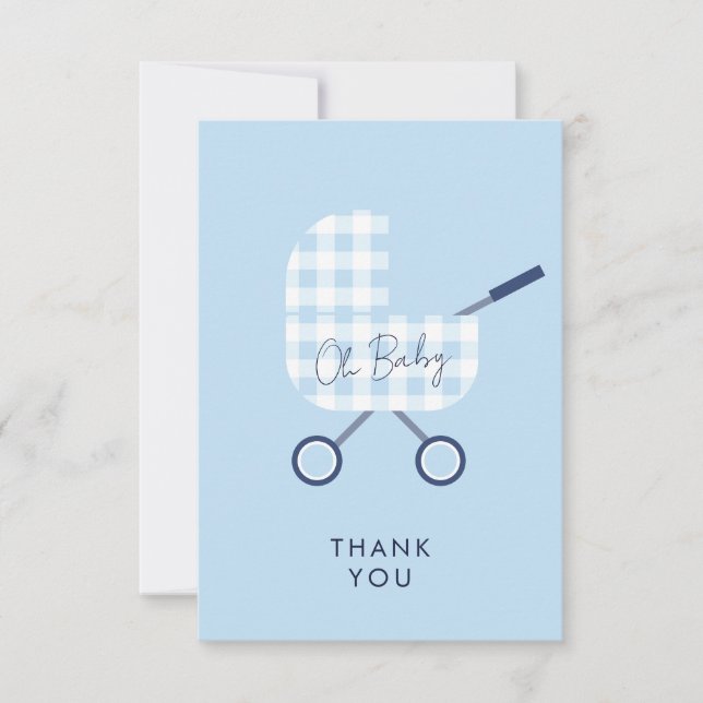 Cute Blue Gingham Pram Baby Shower Thank You Card (Front)