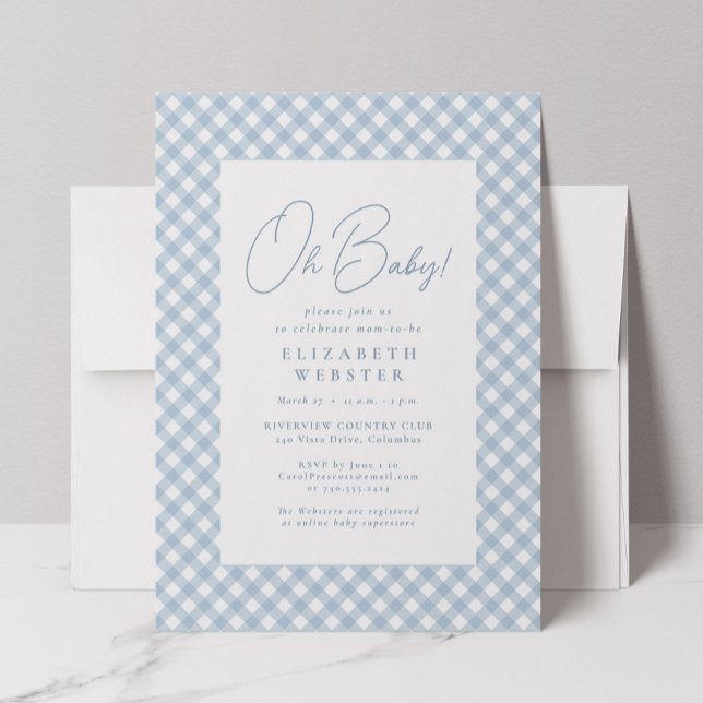Cute blue gingham simple baby shower invitation (Creator Uploaded)