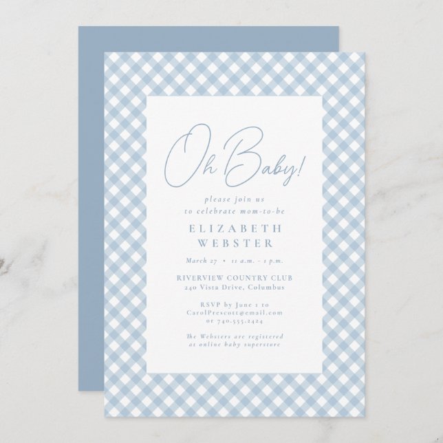 Cute blue gingham simple baby shower invitation (Front/Back)