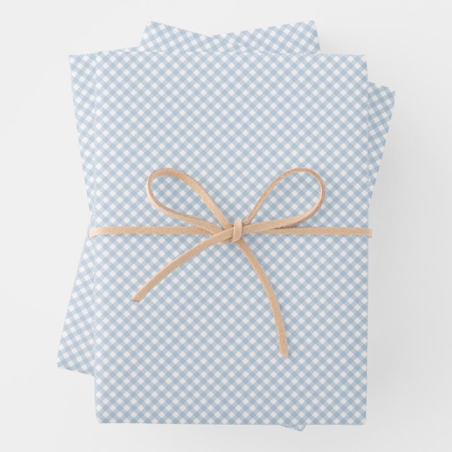 Cute blue gingham simple classic baby wrapping paper sheet (In situ)