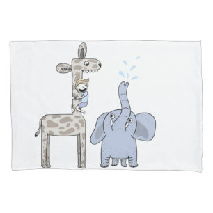 Cute Blue Giraffe and Elephant Pillowcase