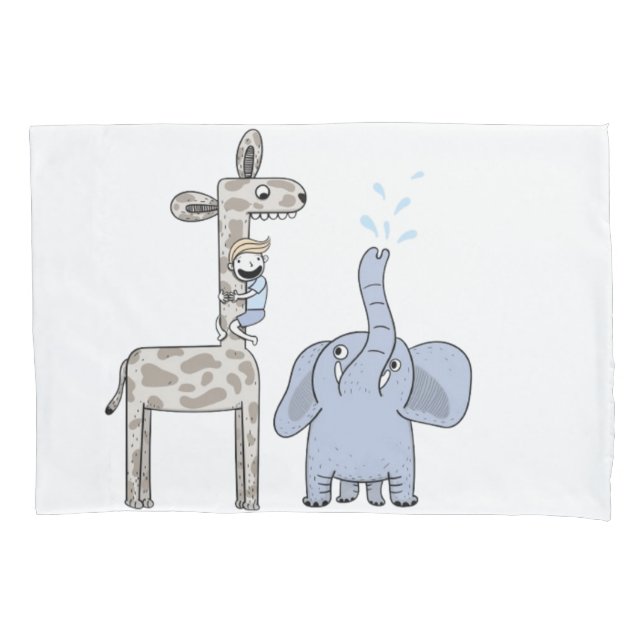 Cute Blue Giraffe and Elephant Pillowcase (Front)