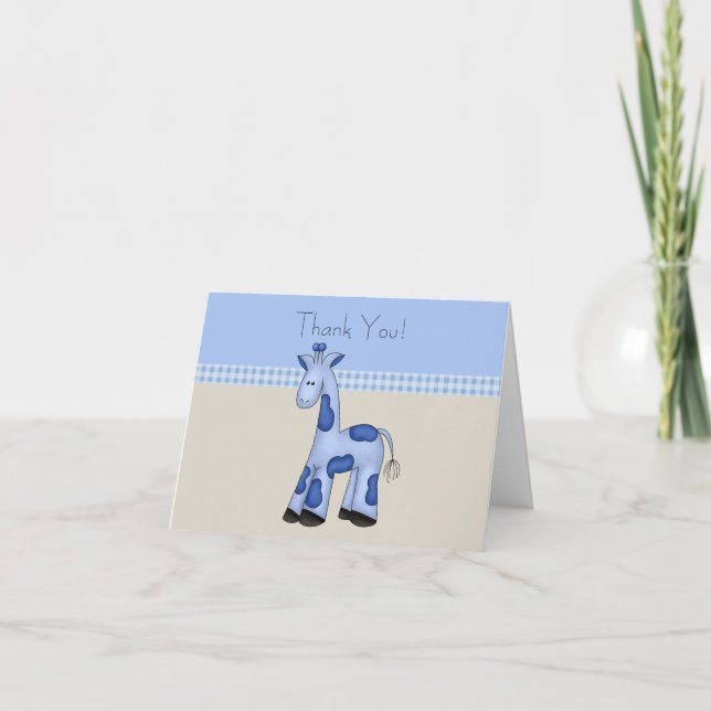 Cute Blue Giraffe Baby Boy Thank You Cards (Front)
