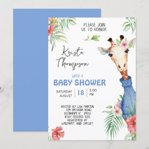 Cute Blue Giraffe Baby Shower Invitation