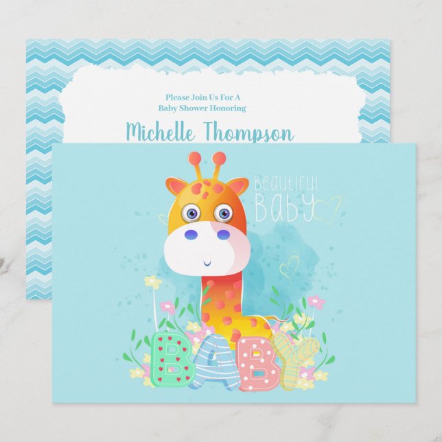 Cute Blue Giraffe Baby Shower Invitation (Front/Back)