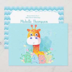 Cute Blue Giraffe Baby Shower Invitation